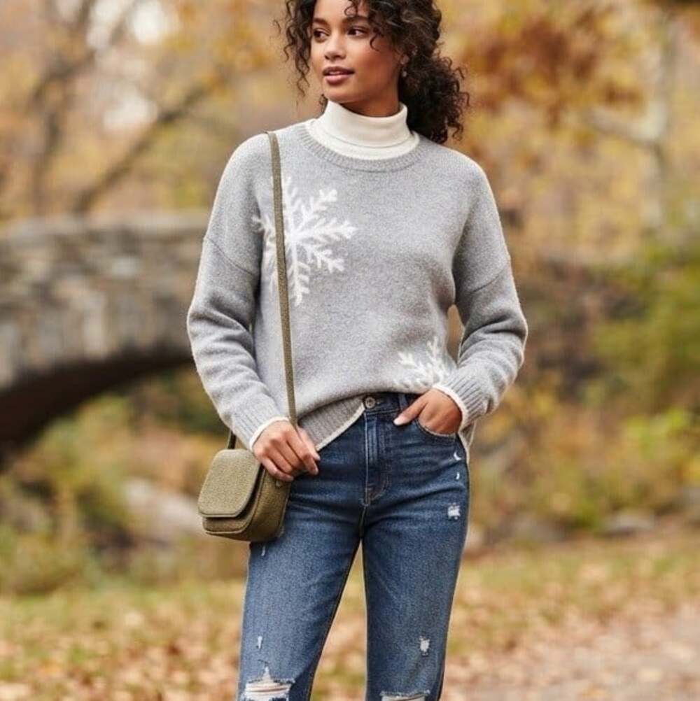 J Jill Sz 2X Snowflake Sweater Gray Apres Ski Winter Preppy Christmas Holiday